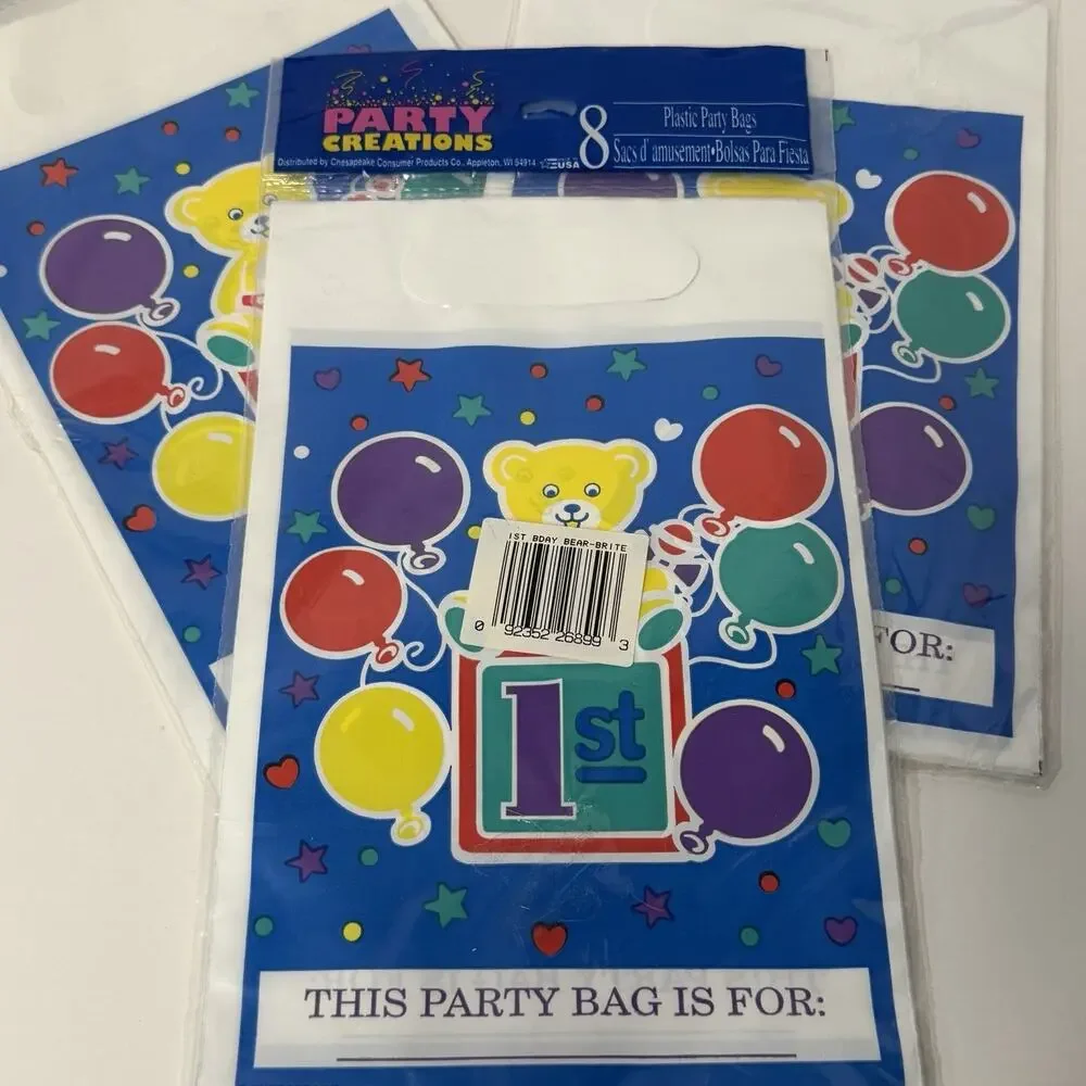 Vintage 1st Birthday Bear Plastic Party Bags 8 Count X 3 Party Creations Treat